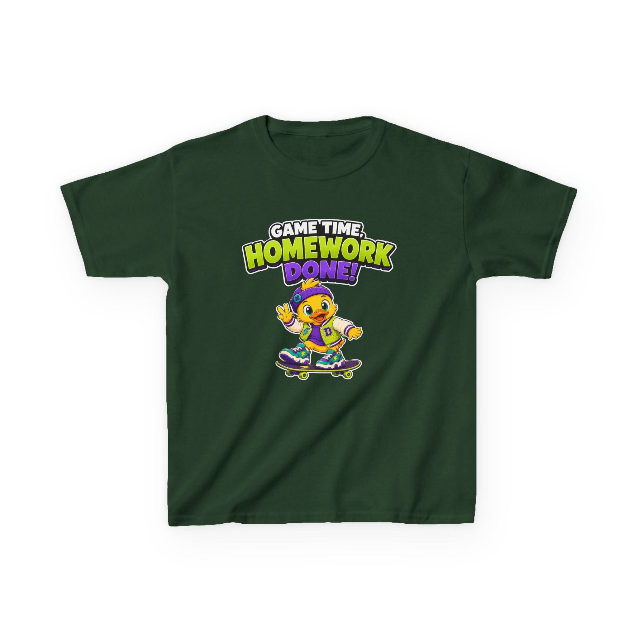 Kids Back-to-School T-Shirt — 'Game Time, Homework Done!' Skateboard Duck Graphic Tee