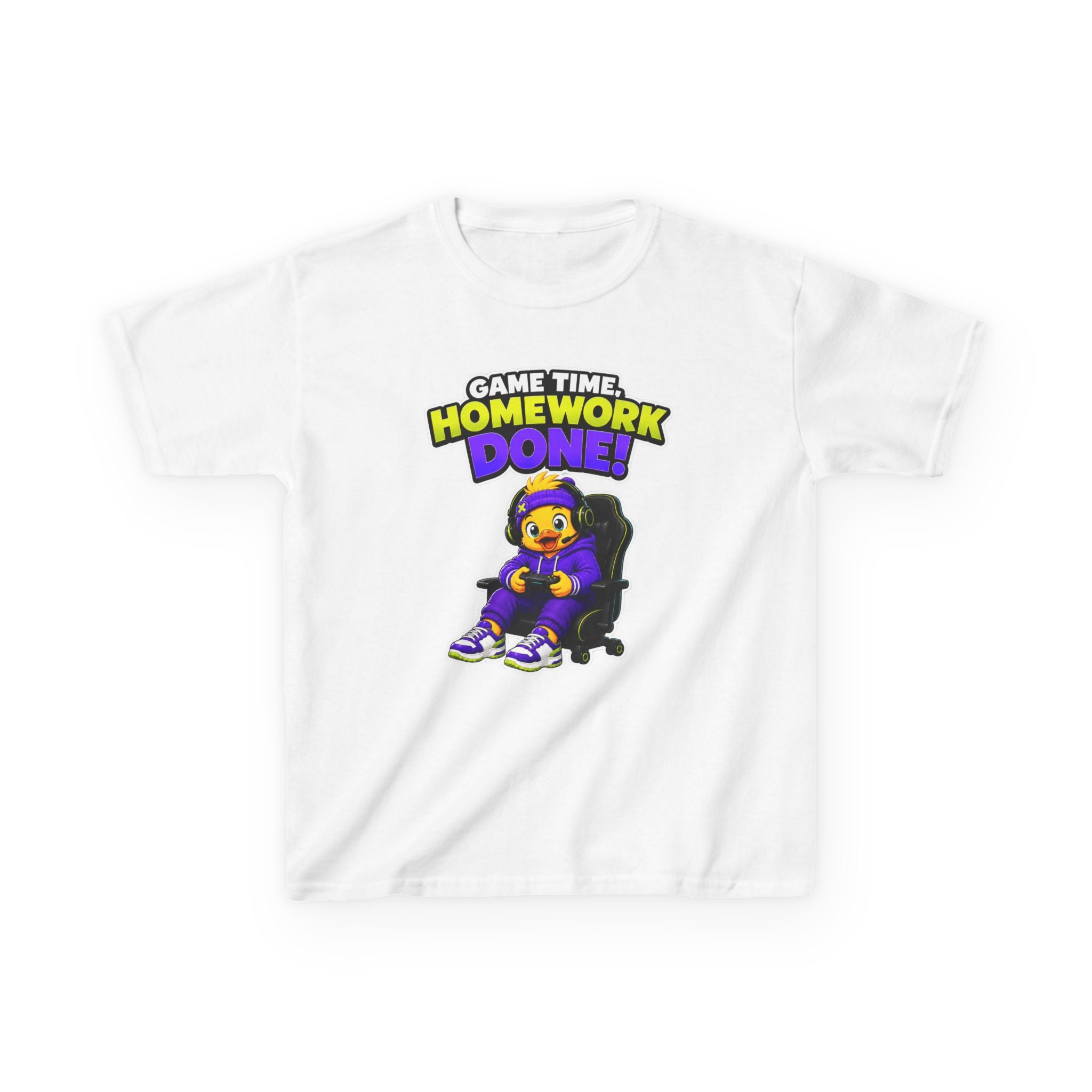 Kids Gamer T-Shirt — 'Game Time, Homework Done!' Gamer Cartoon Graphic Tee