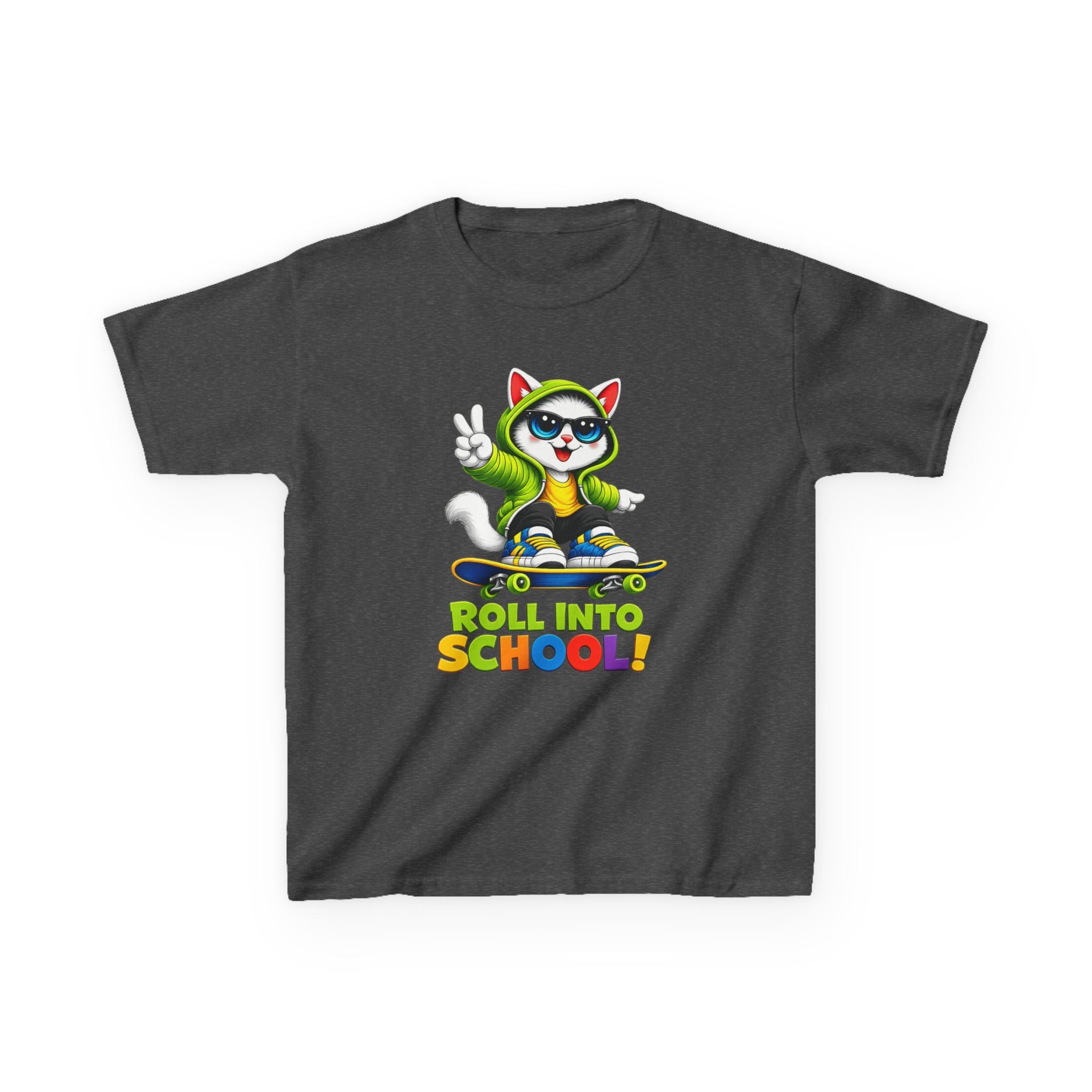 Kids Skateboard Cat T-Shirt — 'Roll Into School' Back-to-School Graphic Tee