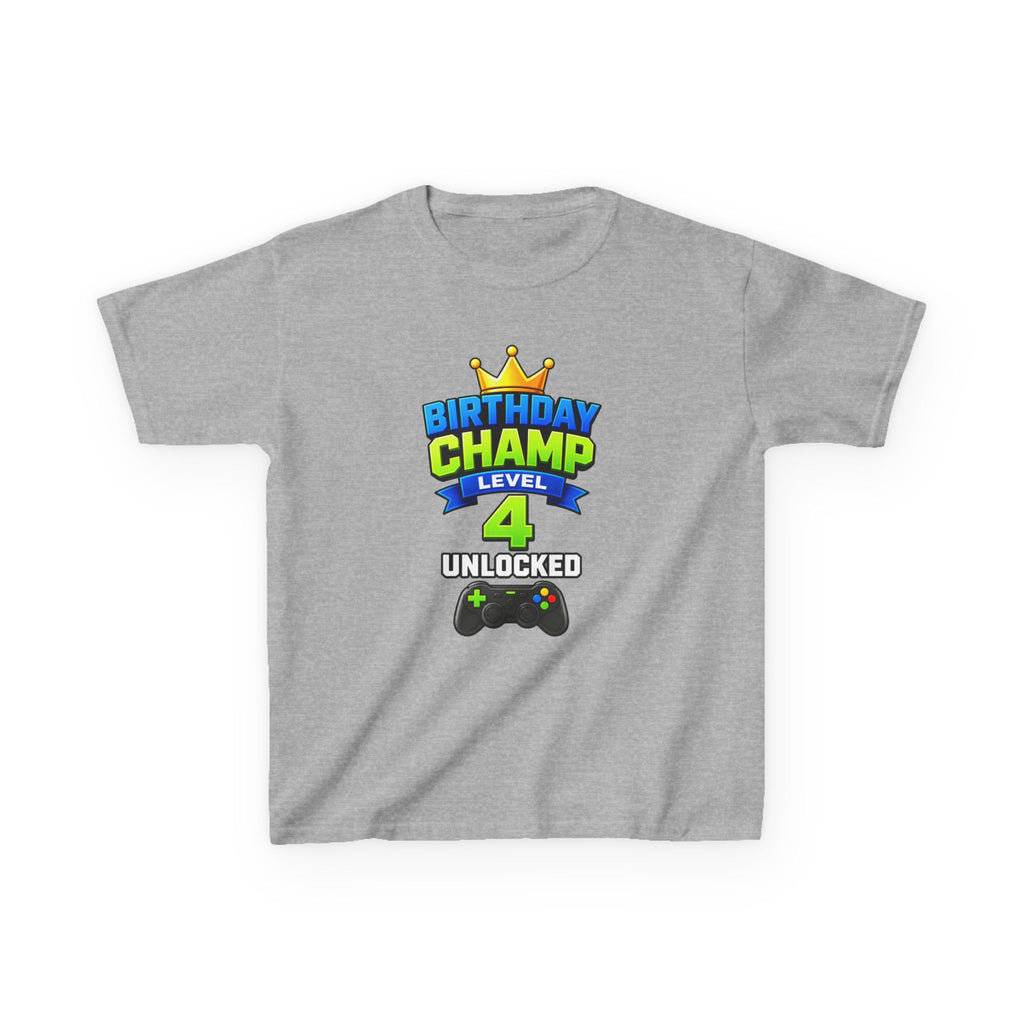 Kids Birthday T-Shirt — 'Birthday Champ' Level 4 Unlocked Gamer Graphic Tee