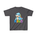 Kids Animal T-Shirt — 'KIND' Cute Blue Dinosaur Kindness Graphic Tee