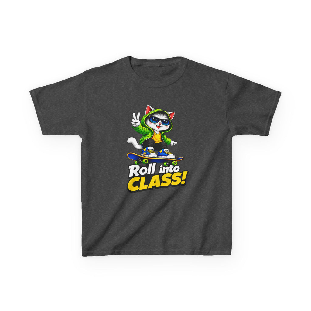 Kids Skateboarding Cat T-Shirt — 'Roll into Class!' Back-to-School Graphic Tee