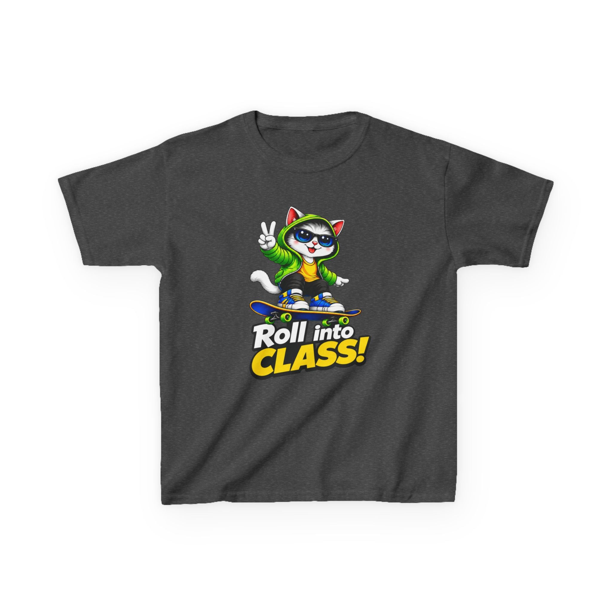Kids Skateboarding Cat T-Shirt — 'Roll into Class!' Back-to-School Graphic Tee