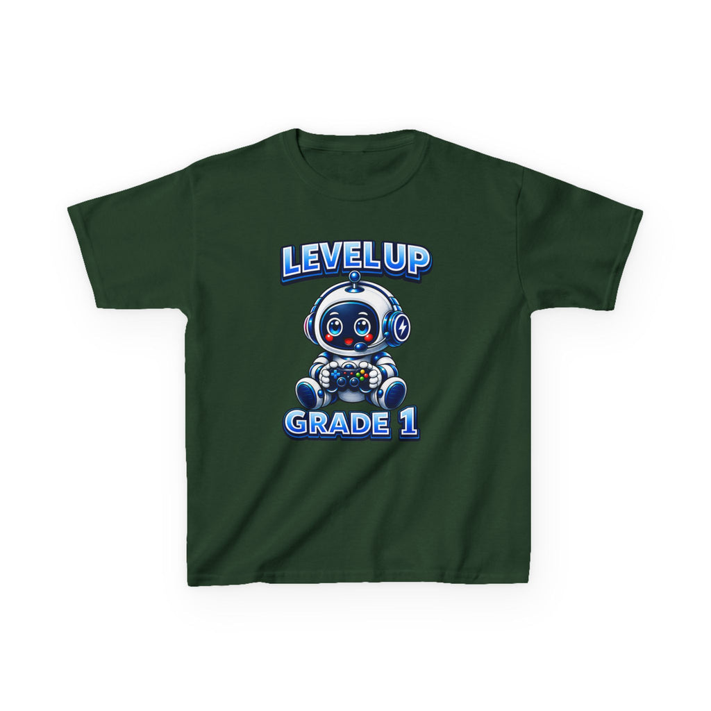 Kids Grade 1 T-Shirt — 'Level Up' Cute Robot Back-to-School Graphic Tee