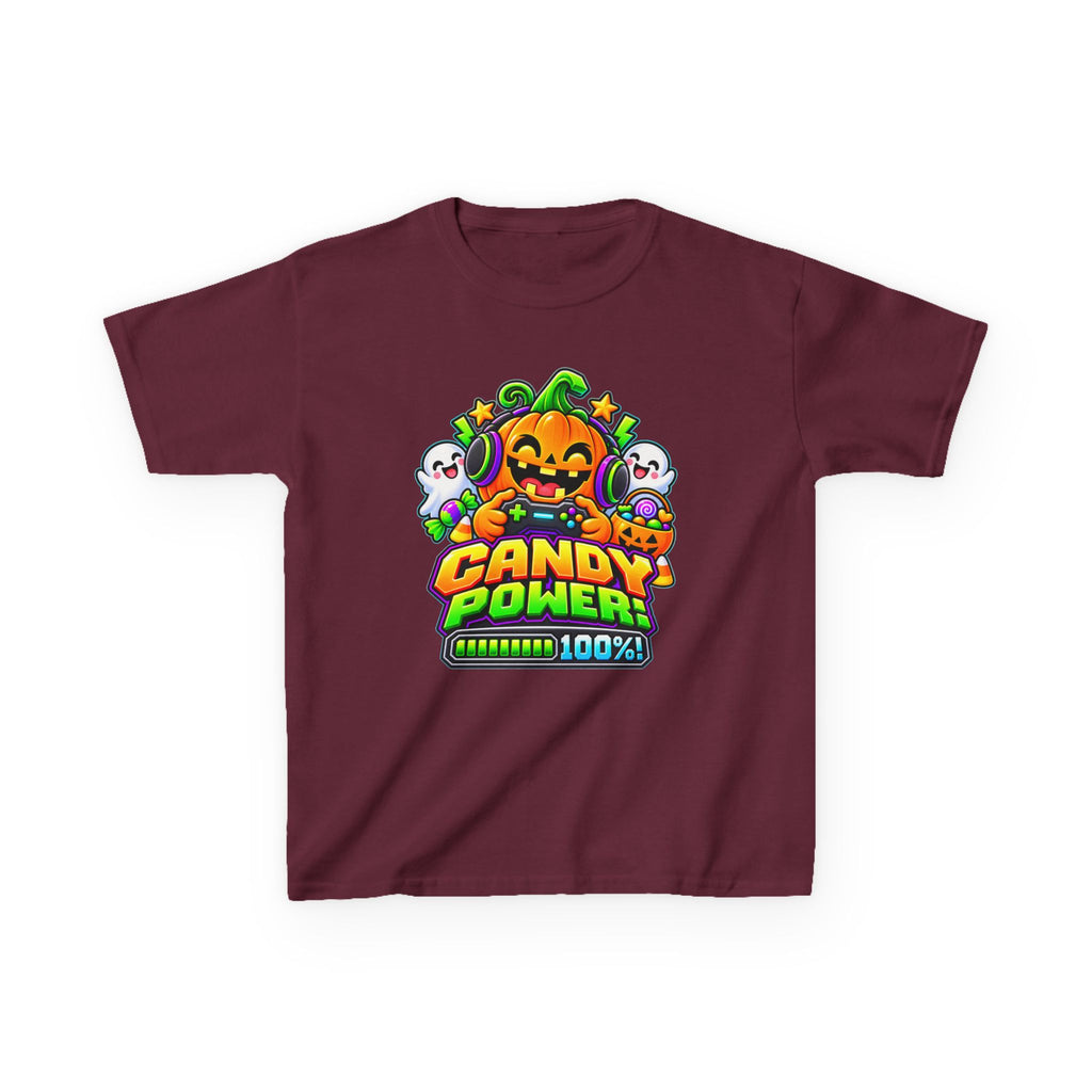 Kidxtr™ Kids Pumpkin T-Shirt — 'Candy Power 100%' Gamer Halloween Graphic Tee