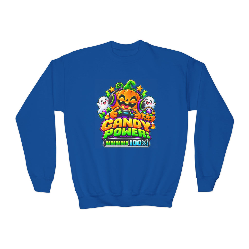 Kidxtr™ Kids Pumpkin Sweatshirt — 'Candy Power 100%' Gamer Halloween Graphic Crewneck