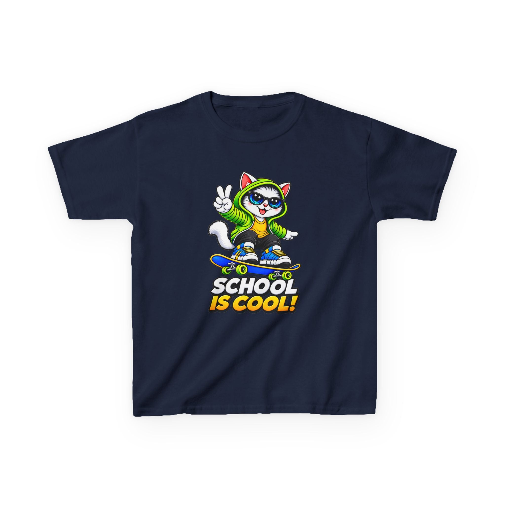 Kids School T-Shirt — 'School Is Cool' Skateboard Cat Graphic Tee