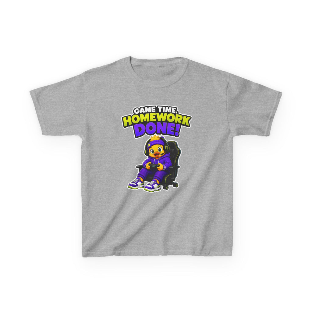 Kids Gamer T-Shirt — 'Game Time, Homework Done!' Gamer Cartoon Graphic Tee