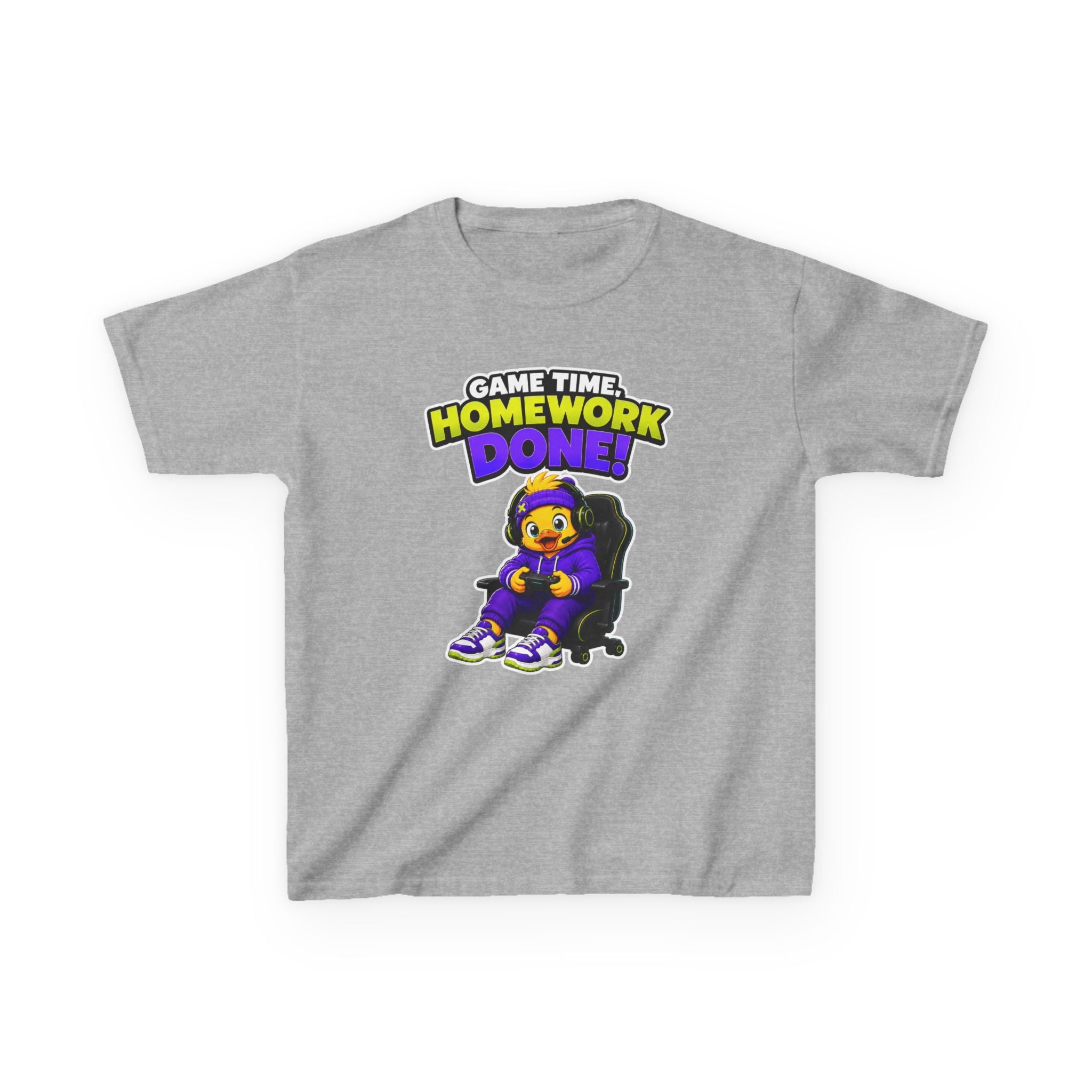 Kids Gamer T-Shirt — 'Game Time, Homework Done!' Gamer Cartoon Graphic Tee