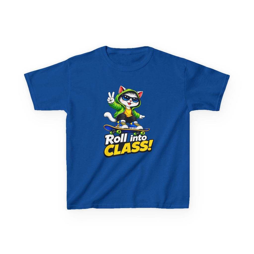 Kids Skateboarding Cat T-Shirt — 'Roll into Class!' Back-to-School Graphic Tee