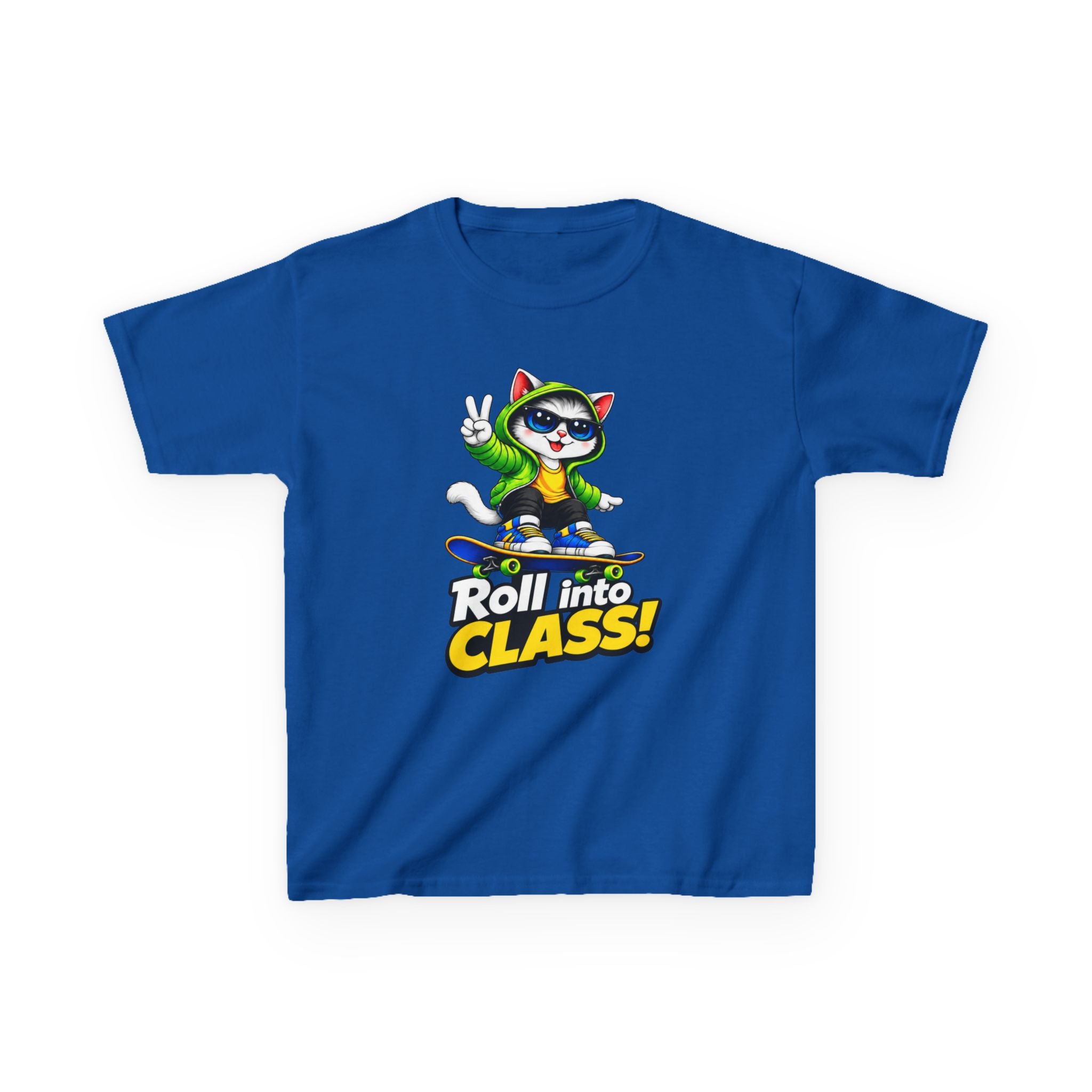 Kids Skateboarding Cat T-Shirt — 'Roll into Class!' Back-to-School Graphic Tee