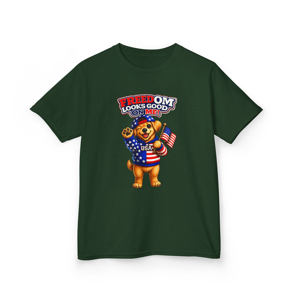 Kids Patriotic T-Shirt — 'Freedom Looks Good on Me' USA Dog Graphic Tee