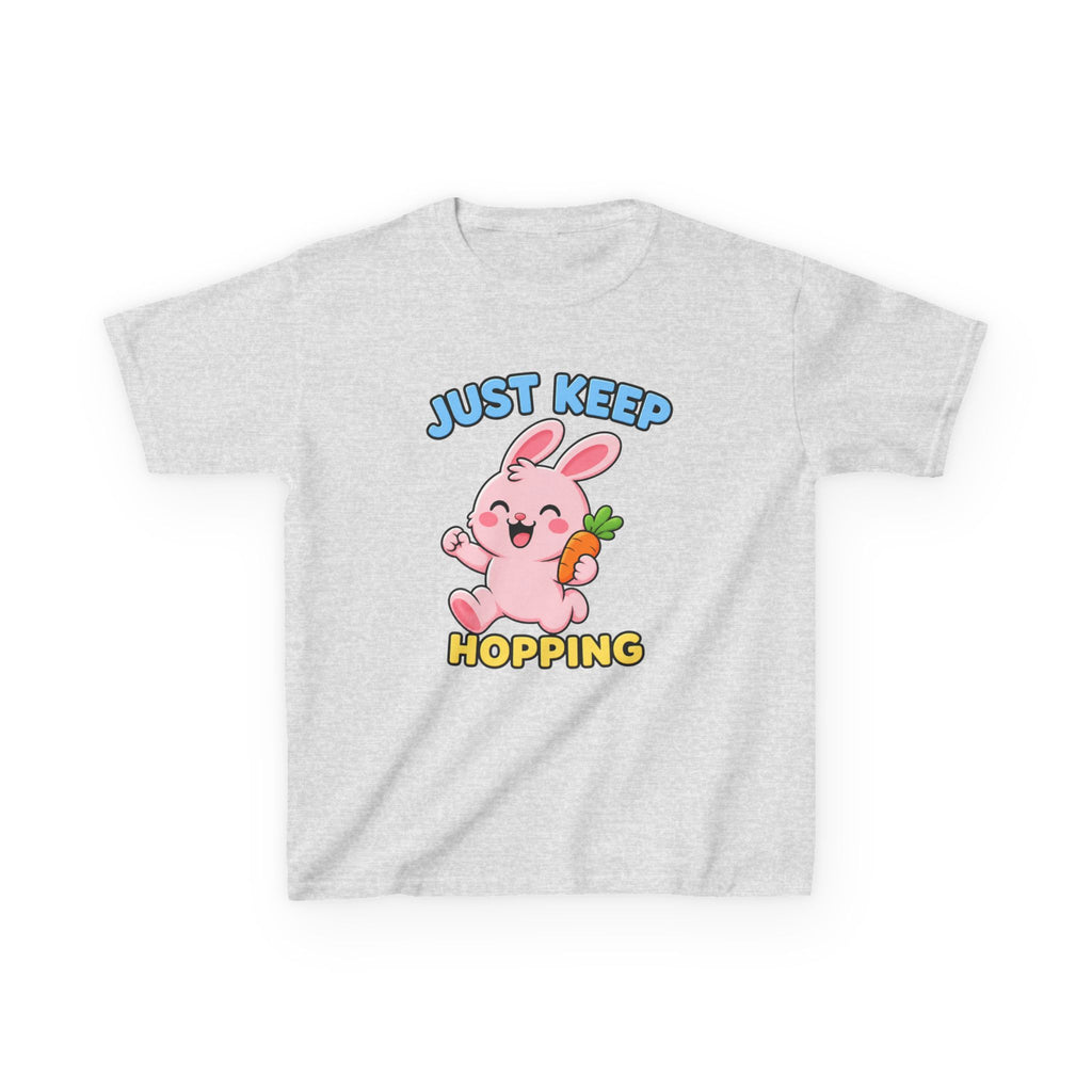 Kids Tee — “Just Keep Hopping” Cute Bunny Carrot Graphic