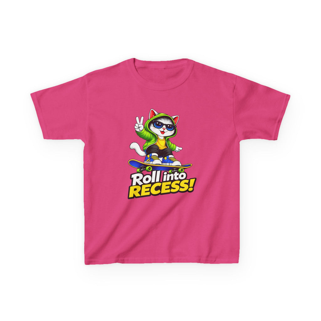 Kids Skateboarding Cat T-Shirt — 'Roll into Recess!' Graphic Tee