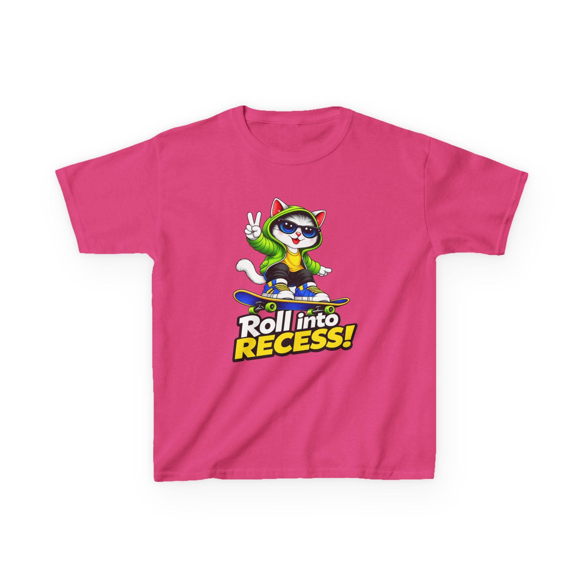 Kids Skateboarding Cat T-Shirt — 'Roll into Recess!' Graphic Tee