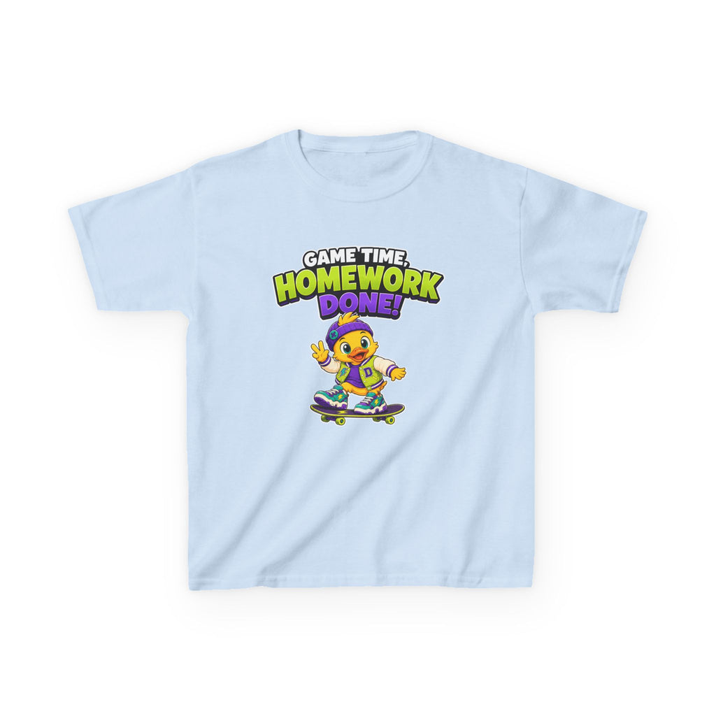 Kids Back-to-School T-Shirt — 'Game Time, Homework Done!' Skateboard Duck Graphic Tee