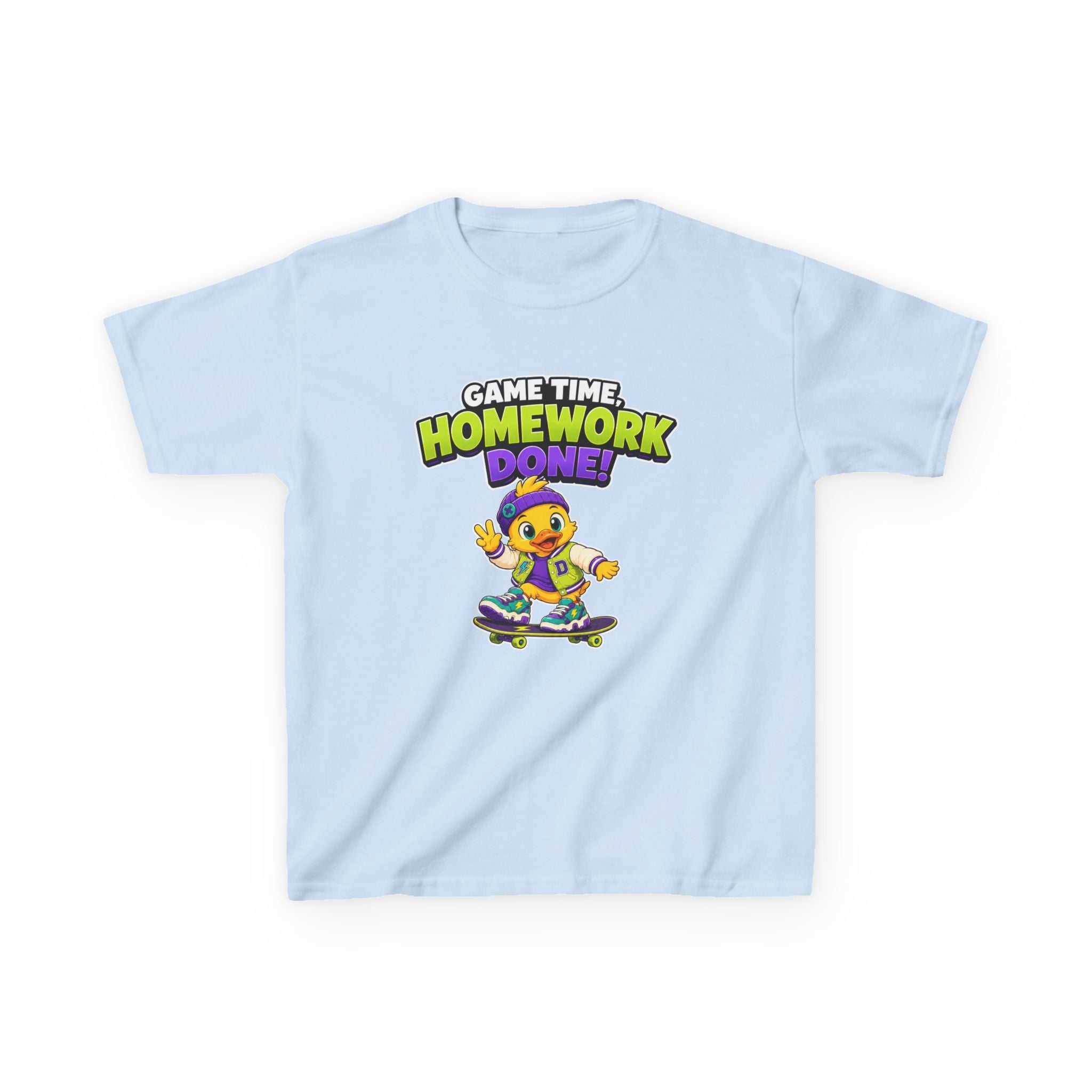 Kids Back-to-School T-Shirt — 'Game Time, Homework Done!' Skateboard Duck Graphic Tee
