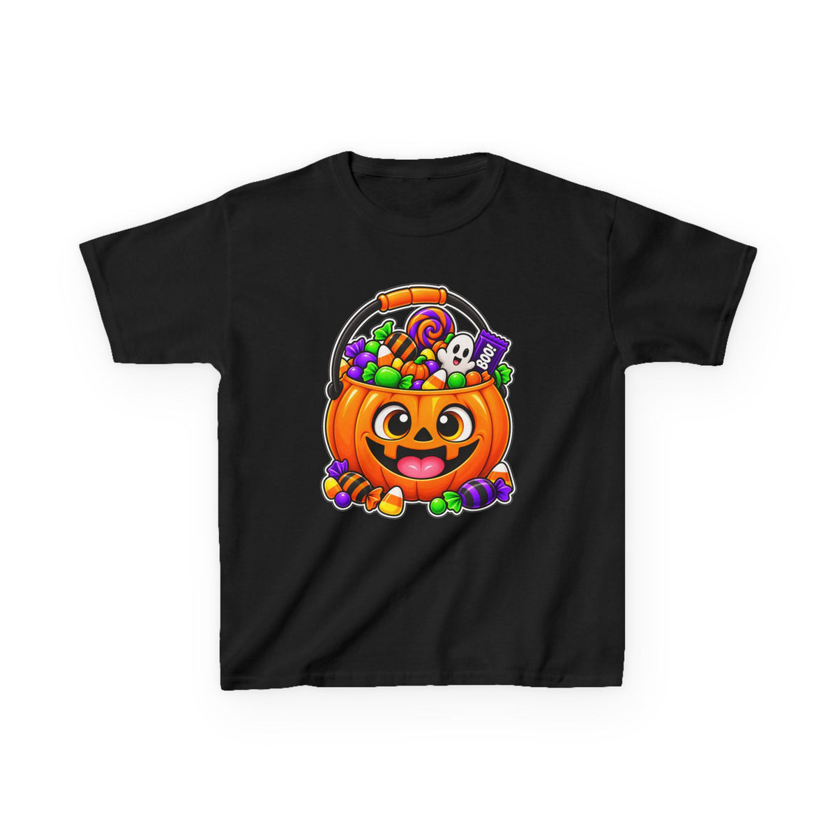 Kidxtr™ Kids Pumpkin T-Shirt — 'Trick or Treat' Jack-O-Lantern Candy Basket Graphic Tee