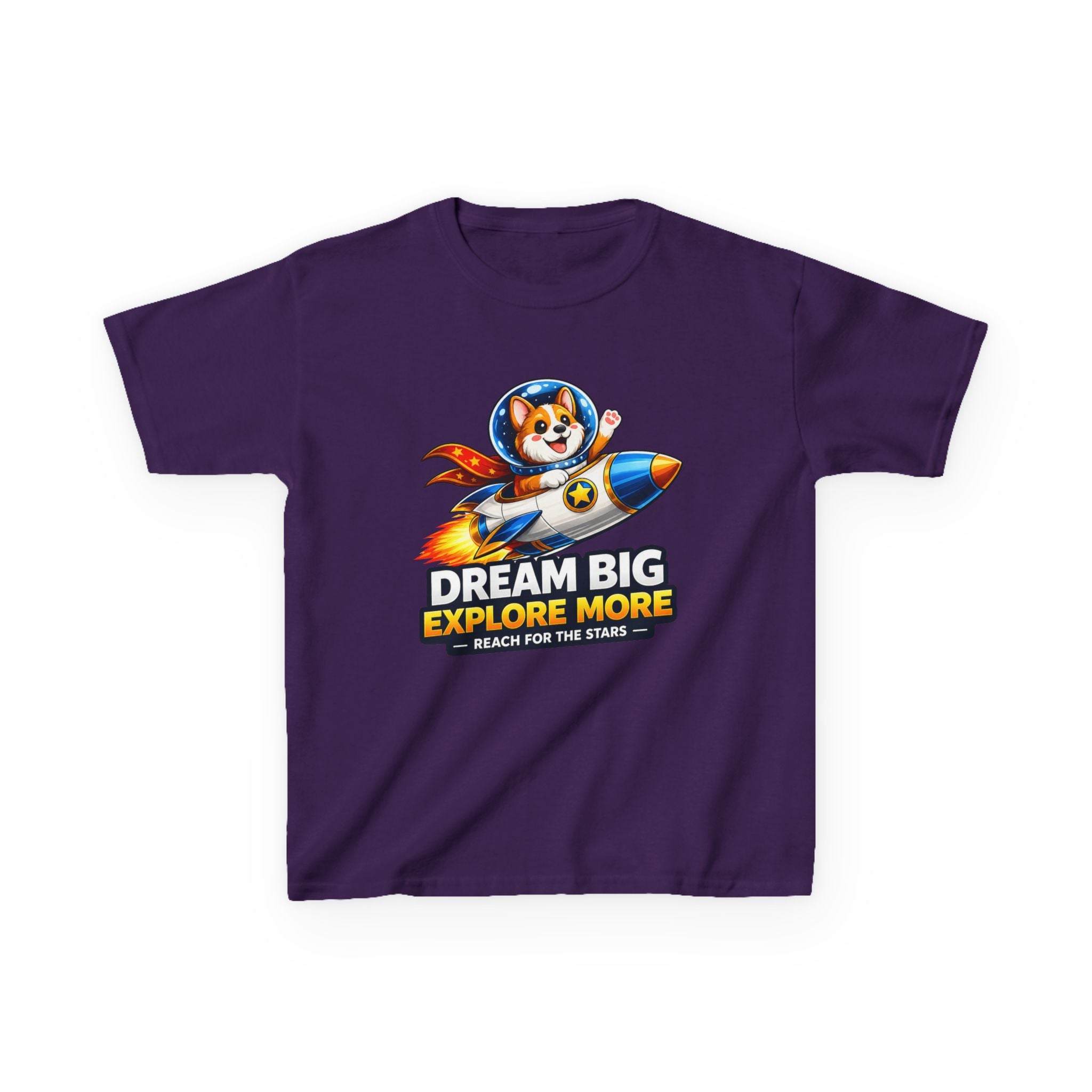 Kids Tee — "Dream Big Explore More" Rocket Dog Space Graphic