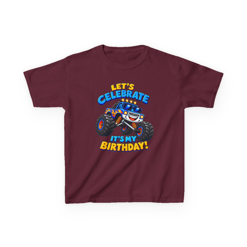 Kids Birthday T‑Shirt — 'Let's Celebrate It's My Birthday!' Monster Truck Tee