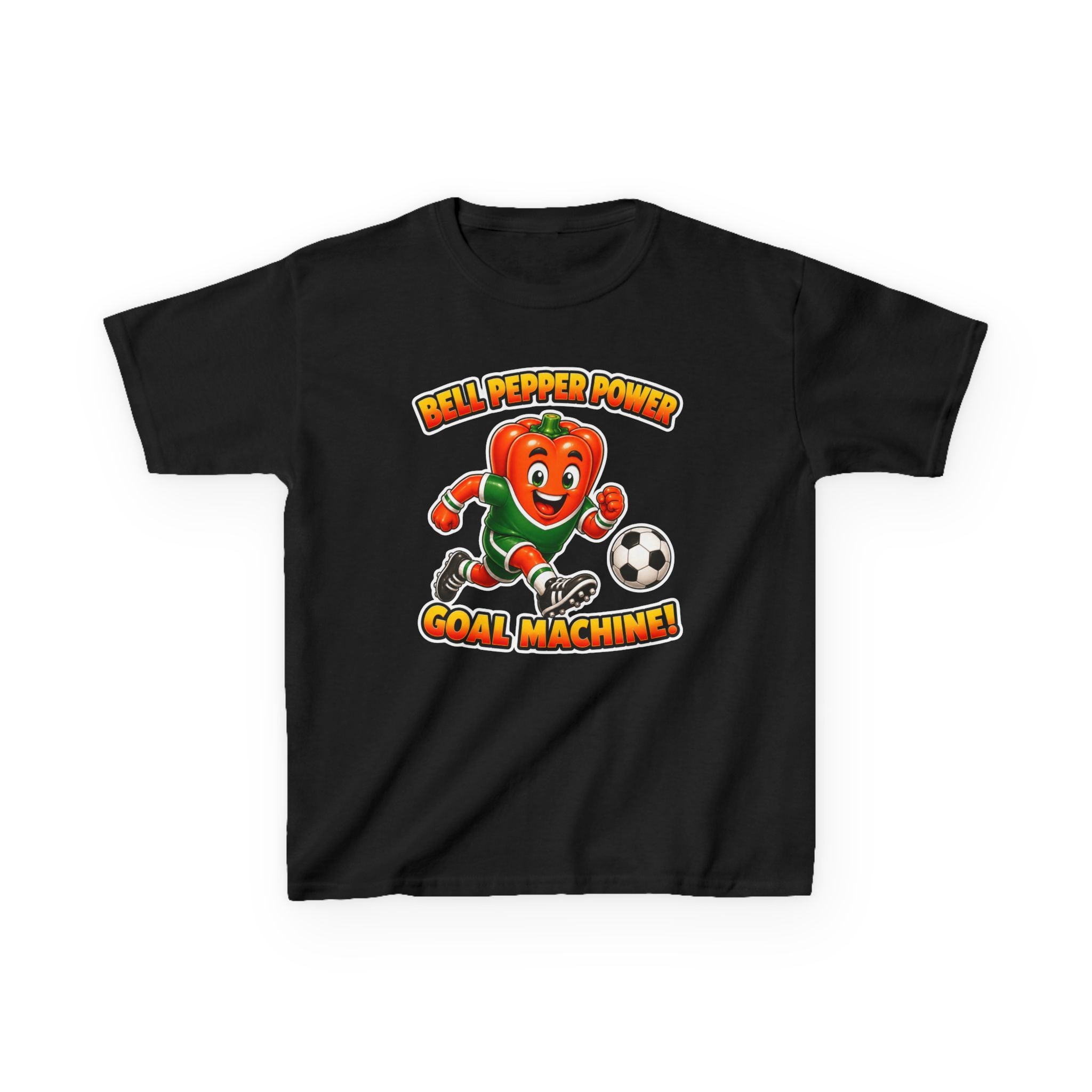 Kids Soccer T-Shirt — 'Bell Pepper Power' Goal Machine Cute Veggie Mascot Graphic Tee