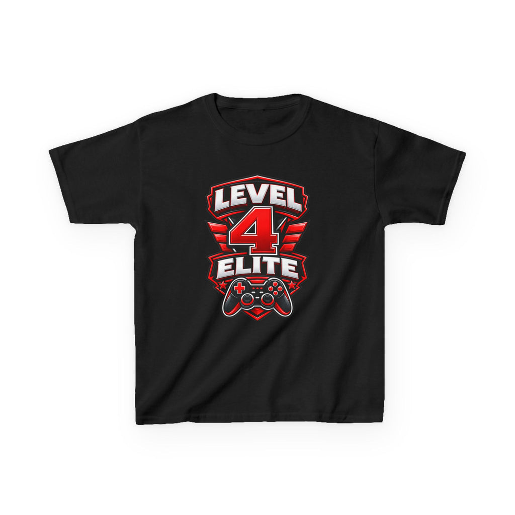 Kids Gamer T-Shirt — 'Level 4 Elite' Gamer Badge Graphic Tee