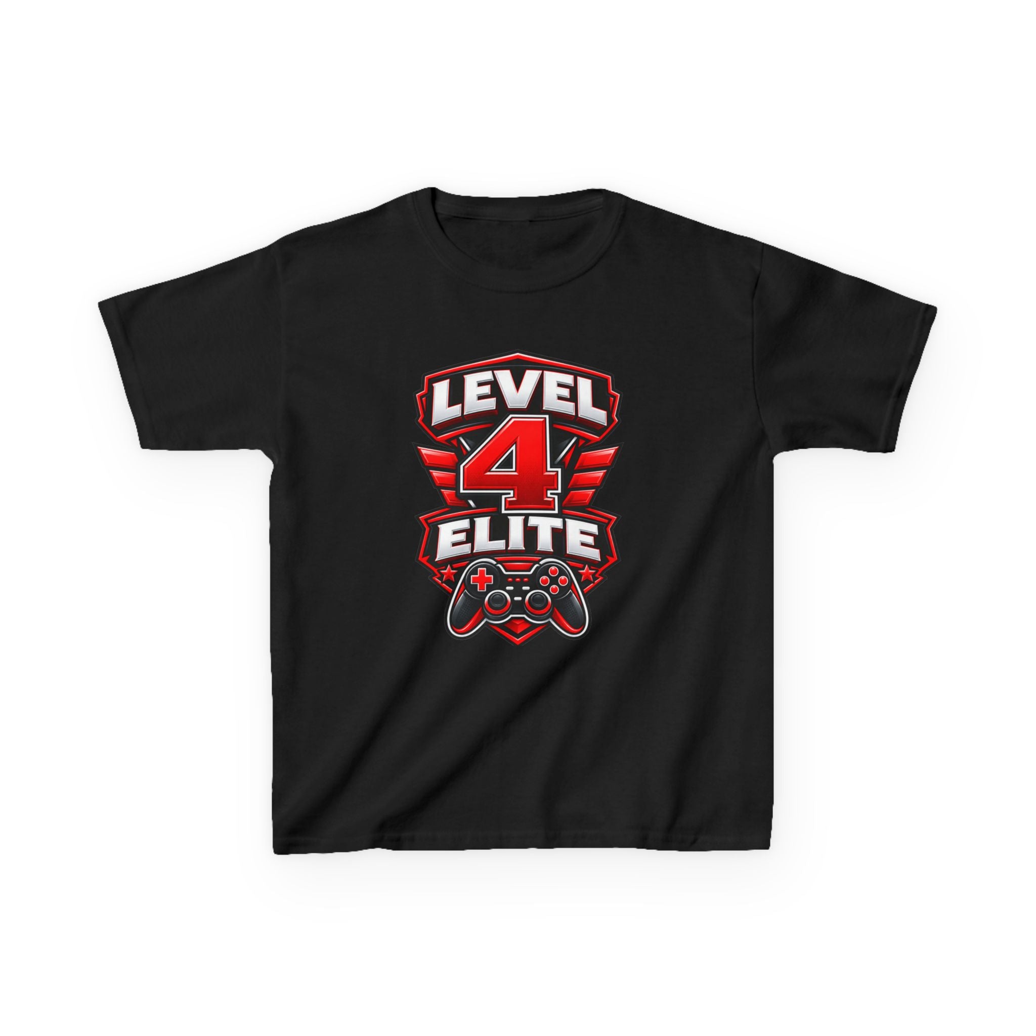 Kids Gamer T-Shirt — 'Level 4 Elite' Gamer Badge Graphic Tee
