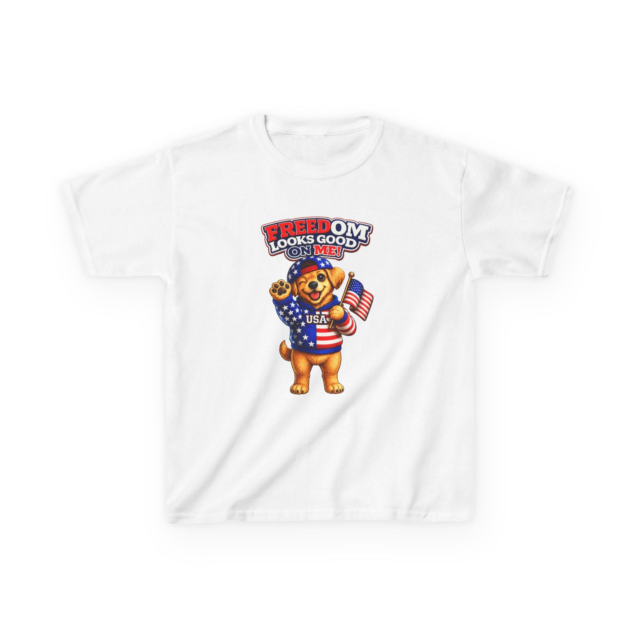 Kids Patriotic T-Shirt — 'Freedom Looks Good on Me' USA Dog Graphic Tee