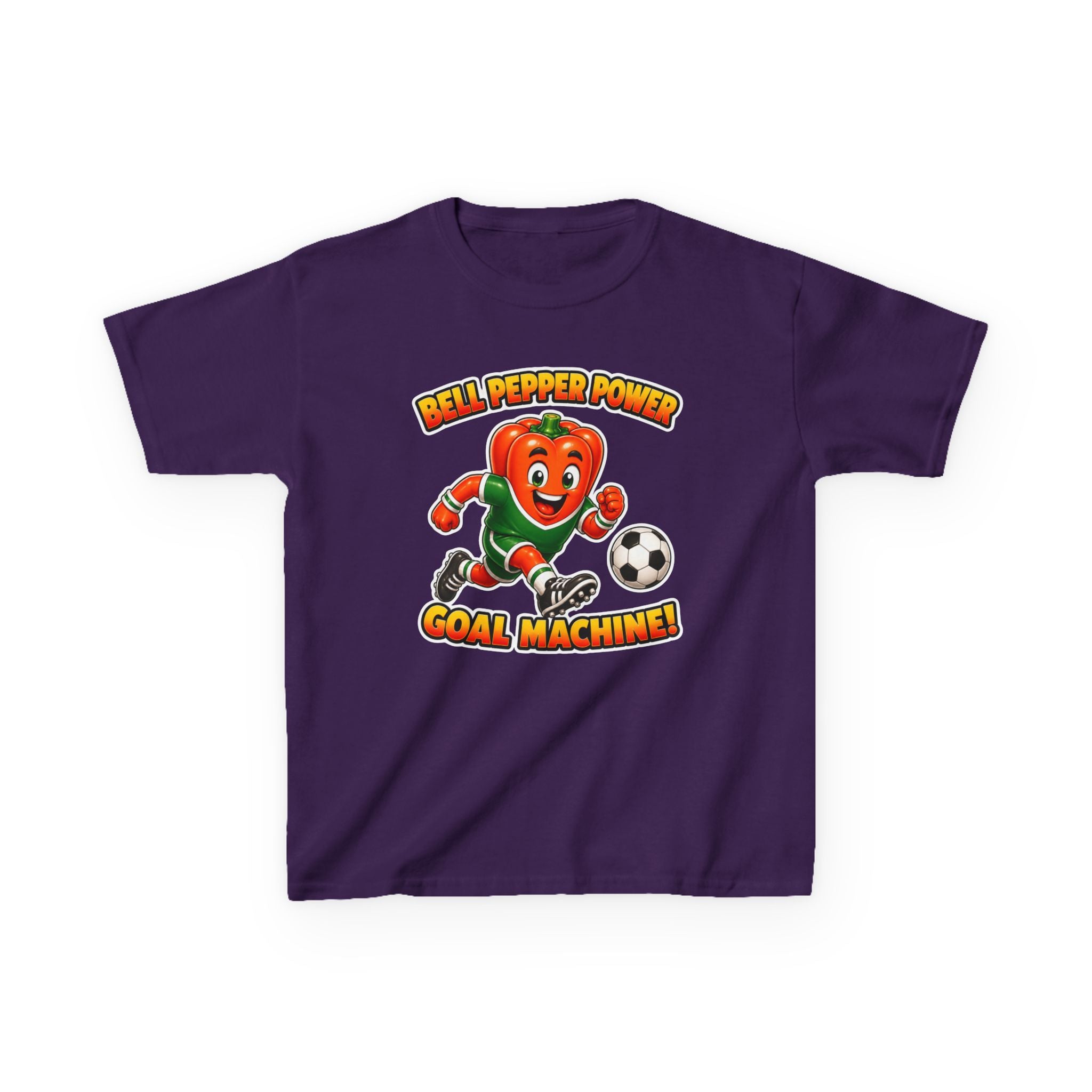 Kids Soccer T-Shirt — 'Bell Pepper Power' Goal Machine Cute Veggie Mascot Graphic Tee