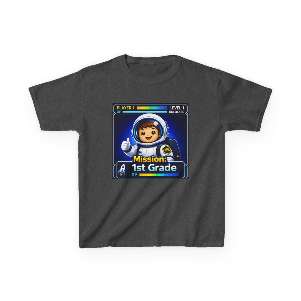 Kids Gaming T-Shirt — 'Mission: 1st Grade' Level Up Astronaut Graphic Tee