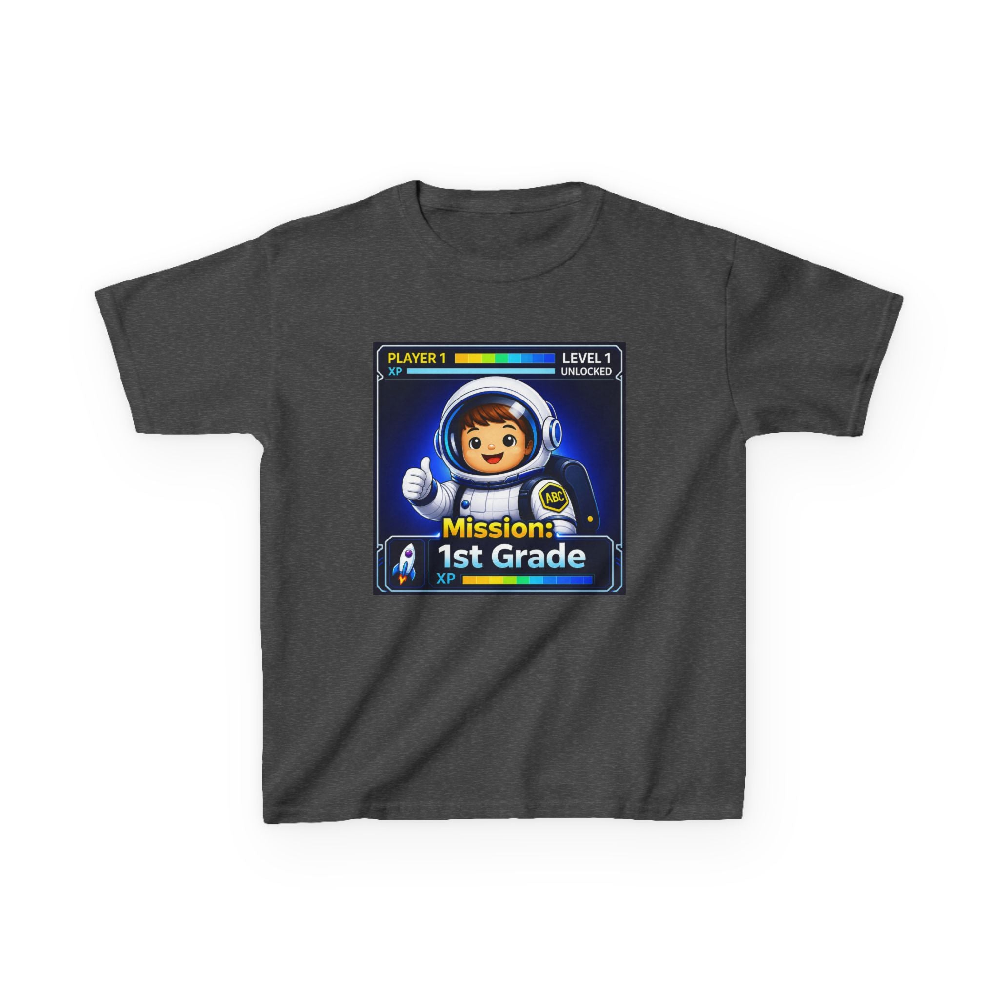 Kids Gaming T-Shirt — 'Mission: 1st Grade' Level Up Astronaut Graphic Tee