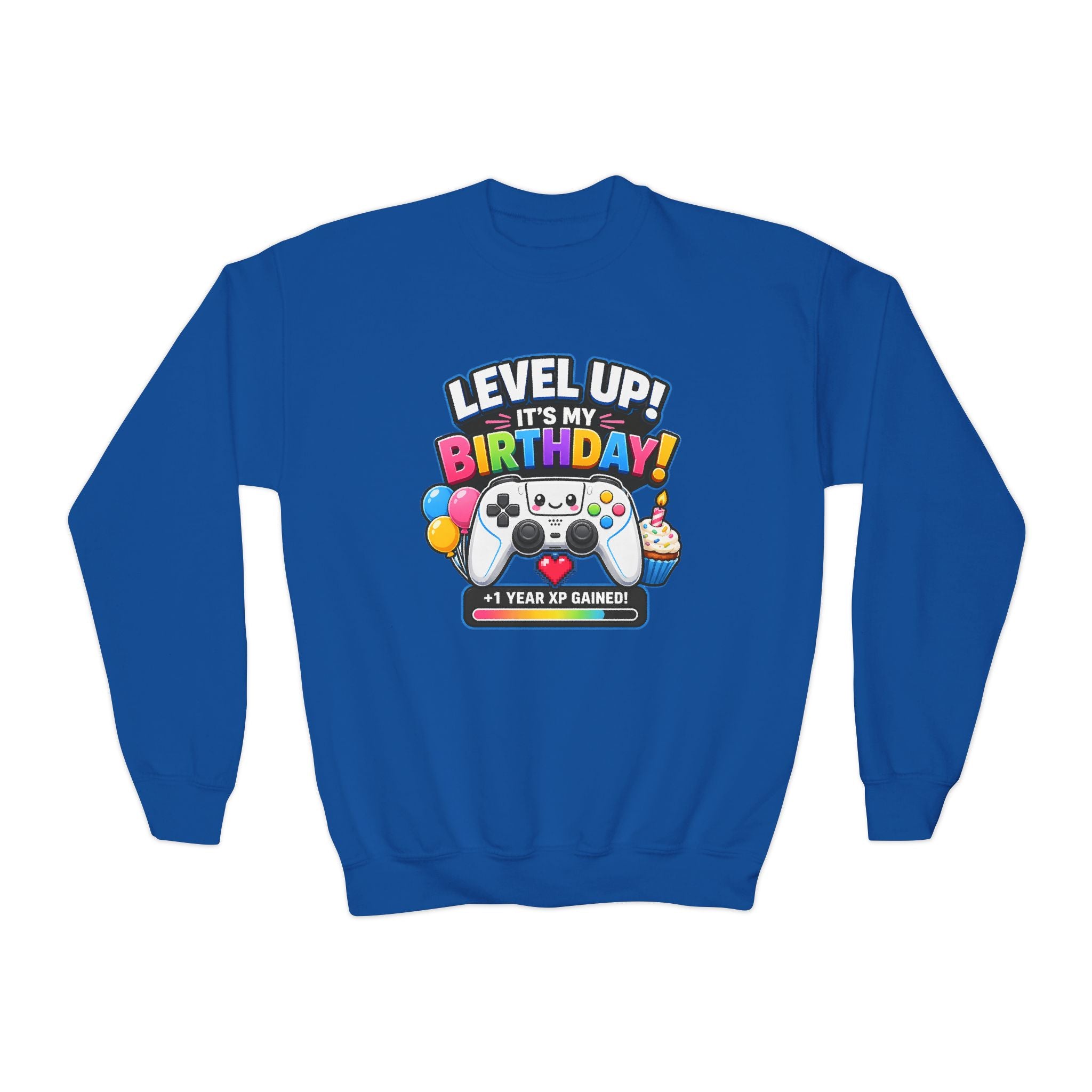 Kidxtr™ Kids Birthday Crewneck — 'Level Up, It’s My Birthday' Cartoon Graphic Sweatshirt