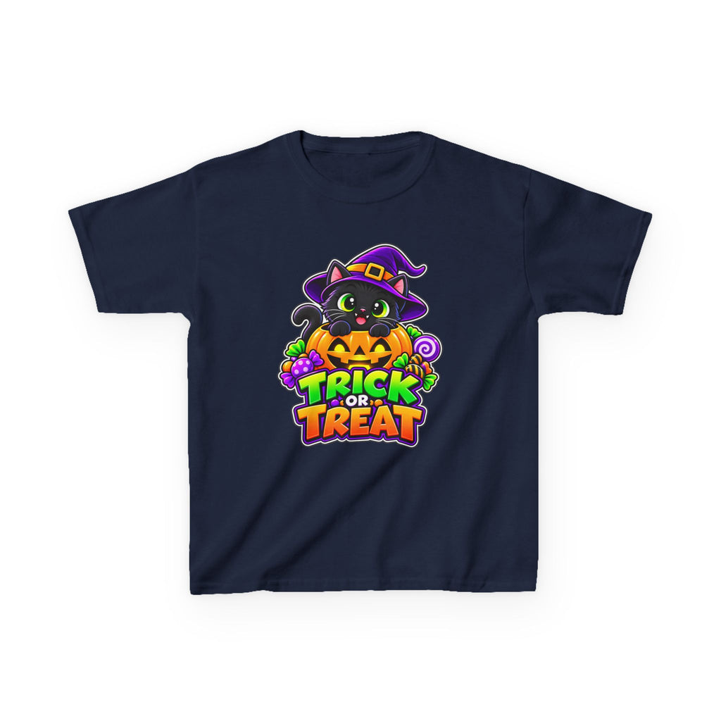 Kidxtr™ Kids Halloween T-Shirt — 'Trick or Treat' Black Cat in Pumpkin Graphic Tee