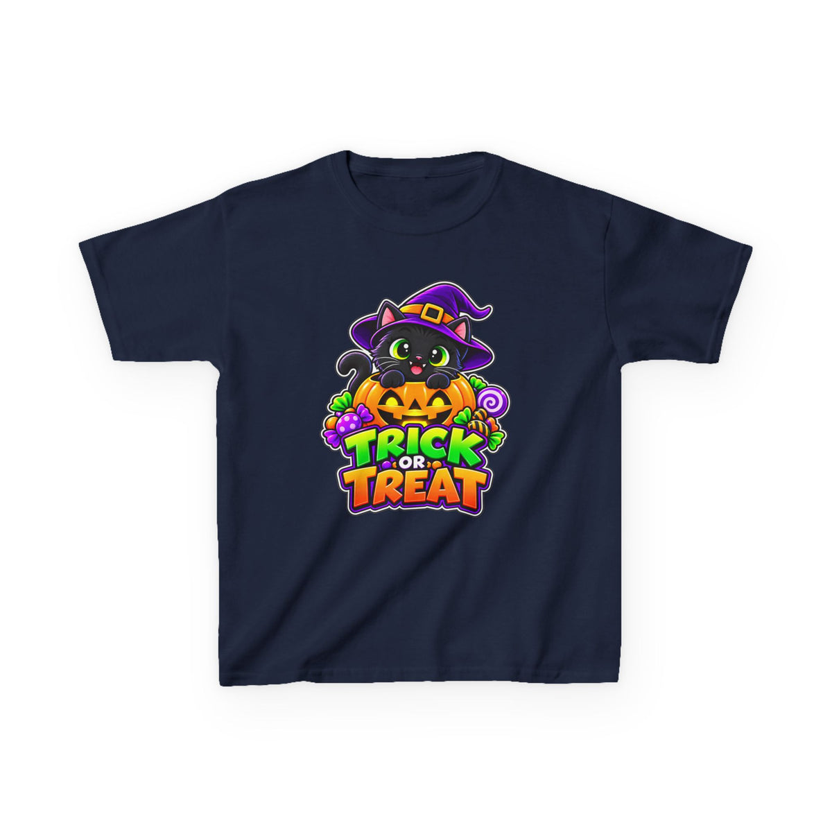 Kidxtr™ Kids Halloween T-Shirt — 'Trick or Treat' Black Cat in Pumpkin Graphic Tee
