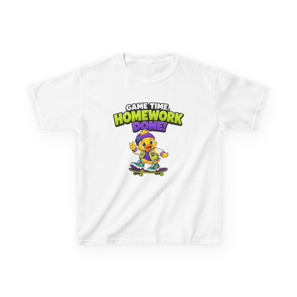Kids Back-to-School T-Shirt — 'Game Time, Homework Done!' Skateboard Duck Graphic Tee