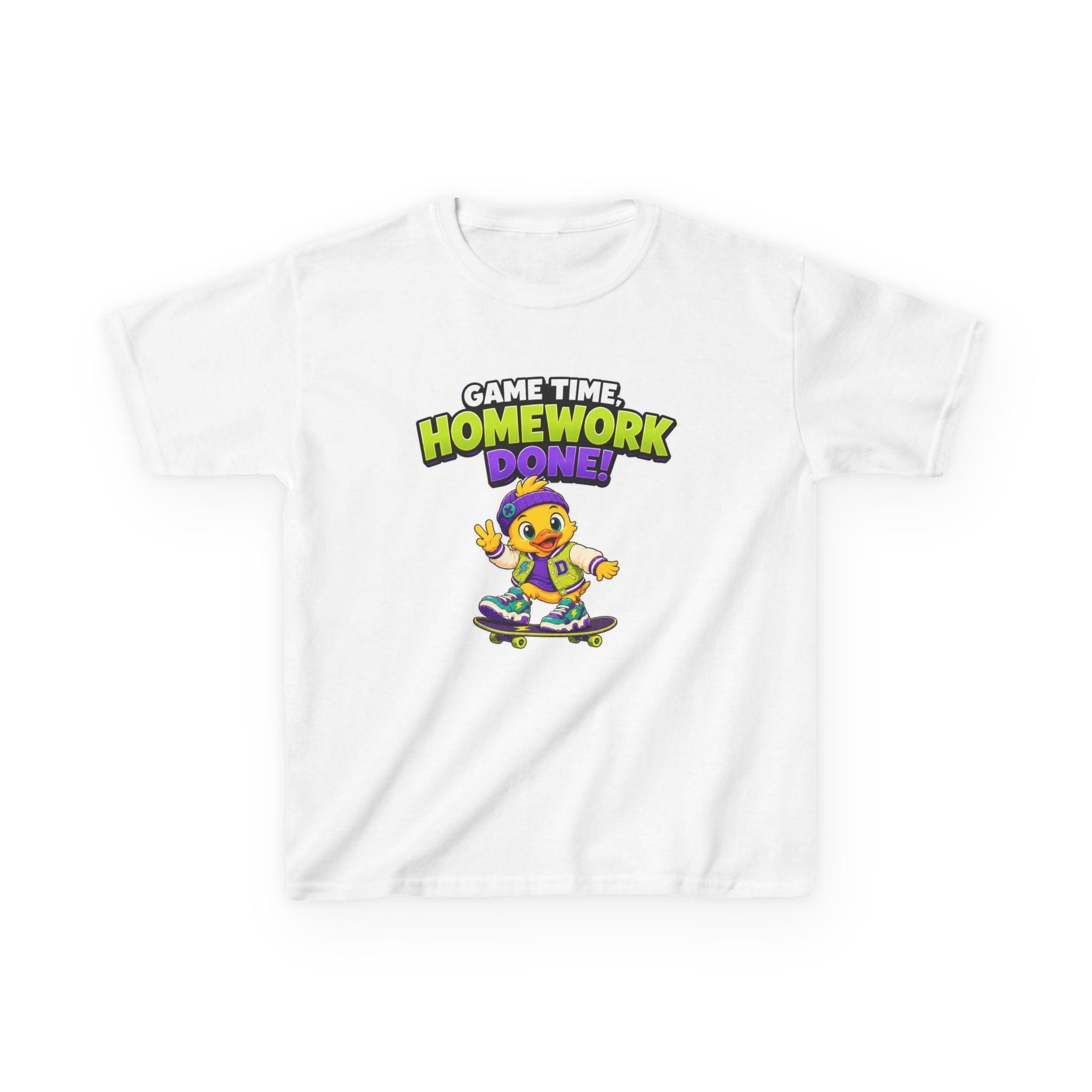 Kids Back-to-School T-Shirt — 'Game Time, Homework Done!' Skateboard Duck Graphic Tee