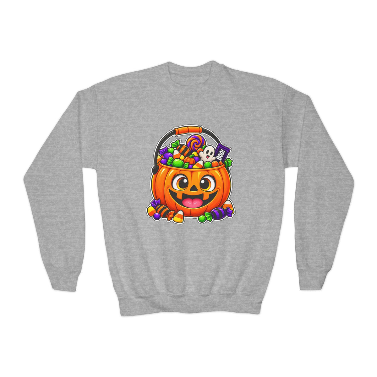 Kidxtr™ Kids Pumpkin Sweatshirt — 'Trick or Treat' Jack-O-Lantern Candy Basket Graphic Crewneck