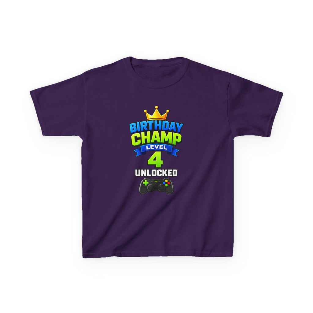 Kids Birthday T-Shirt — 'Birthday Champ' Level 4 Unlocked Gamer Graphic Tee