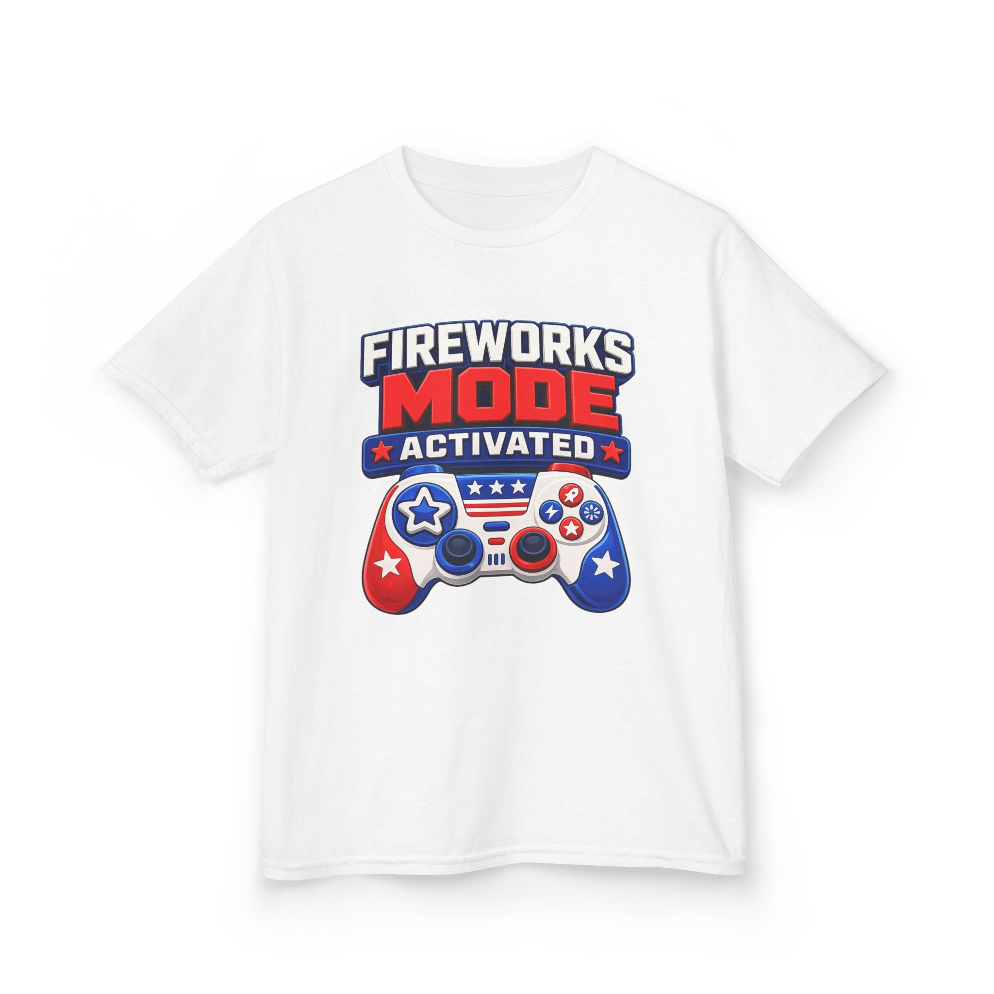Kids Tee — "Fireworks Mode Activated" Patriotic Gamer Shirt