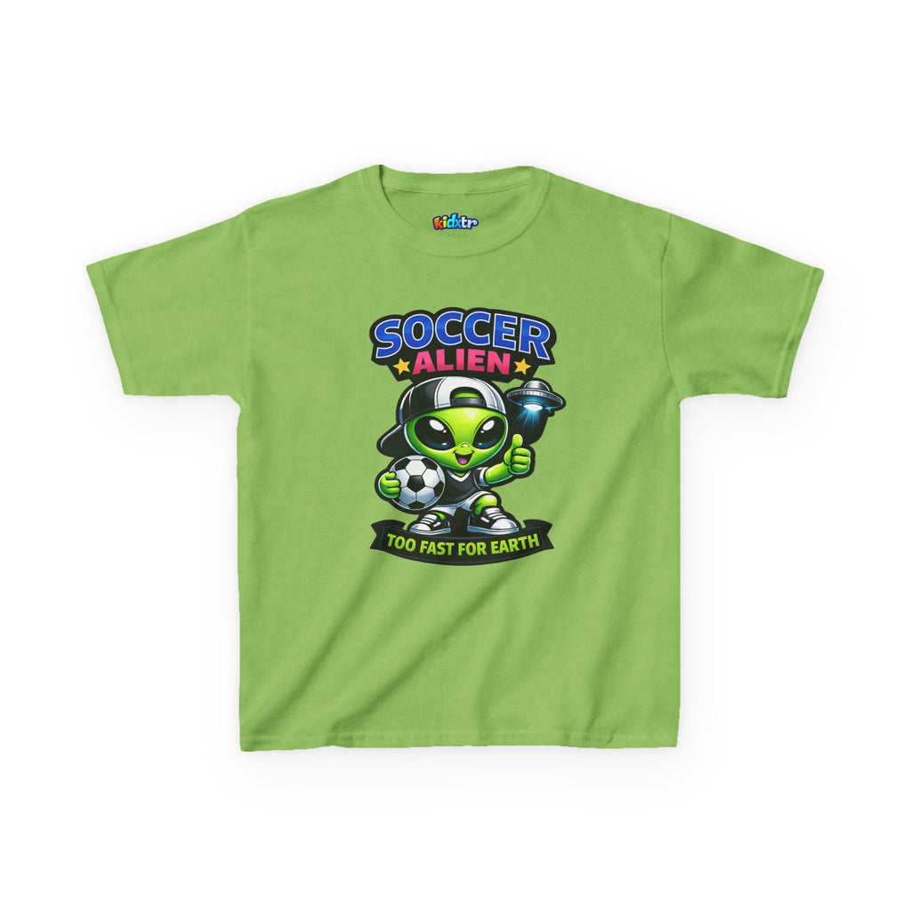 Kidxtr™ Kids Soccer T-Shirt — 'Too Fast for Earth' Soccer Alien Graphic Tee