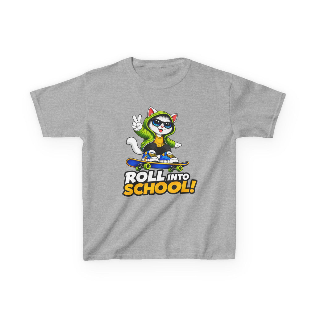 Kids Skateboarding Cat T-Shirt — 'Roll Into School' Back-to-School Graphic Tee