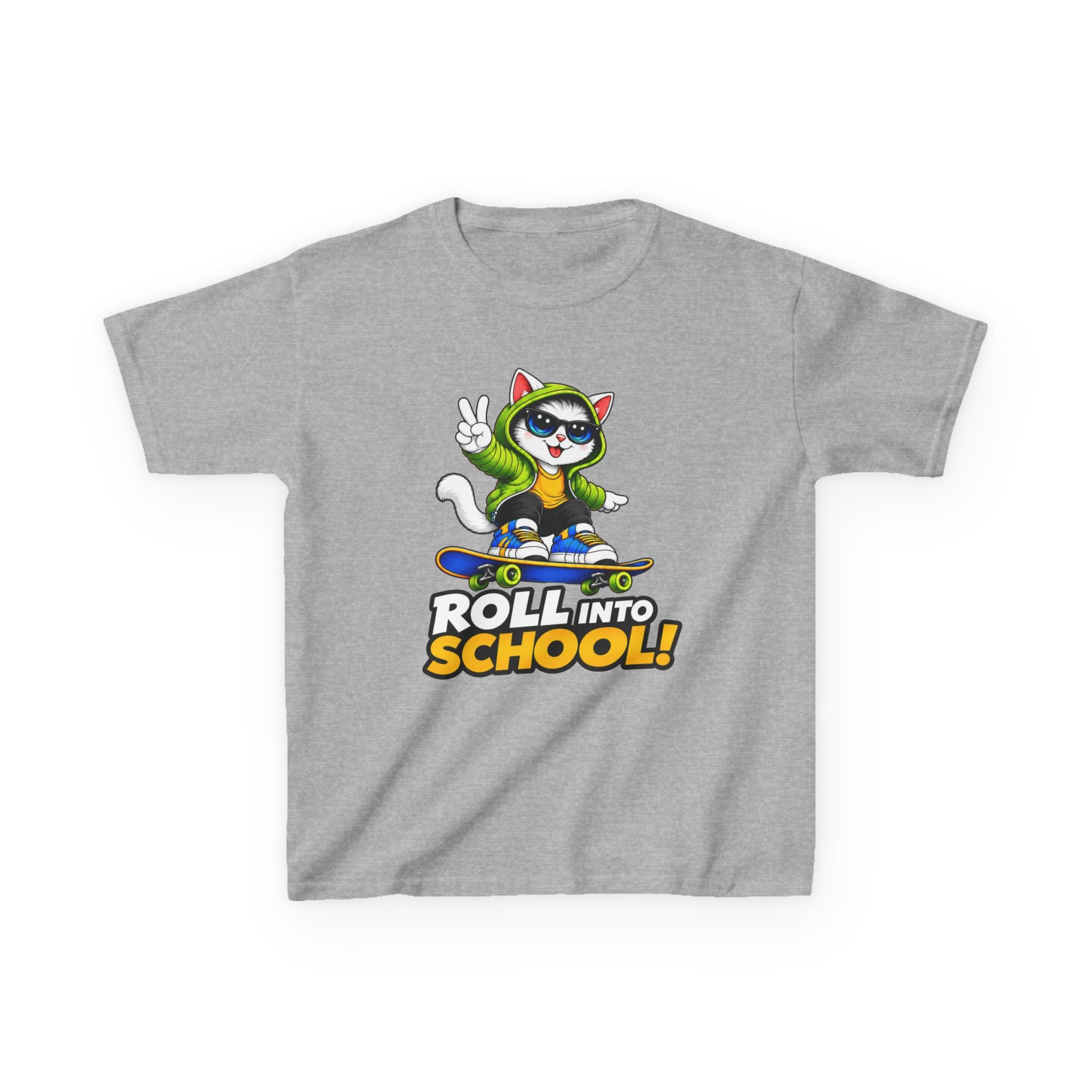 Kids Skateboarding Cat T-Shirt — 'Roll Into School' Back-to-School Graphic Tee