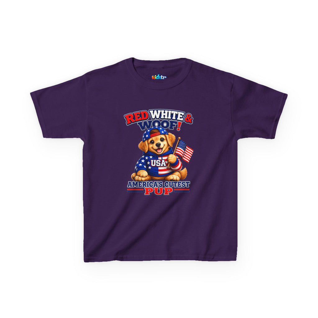 Kidxtr™ Kids Patriotic T-Shirt — 'Red White & Woof!' USA Dog Graphic Tee