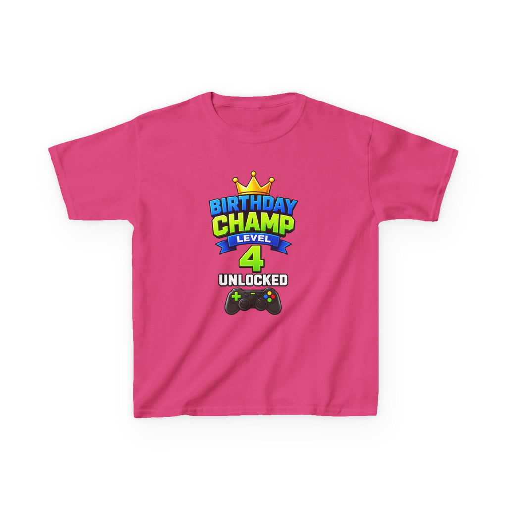 Kids Birthday T-Shirt — 'Birthday Champ' Level 4 Unlocked Gamer Graphic Tee