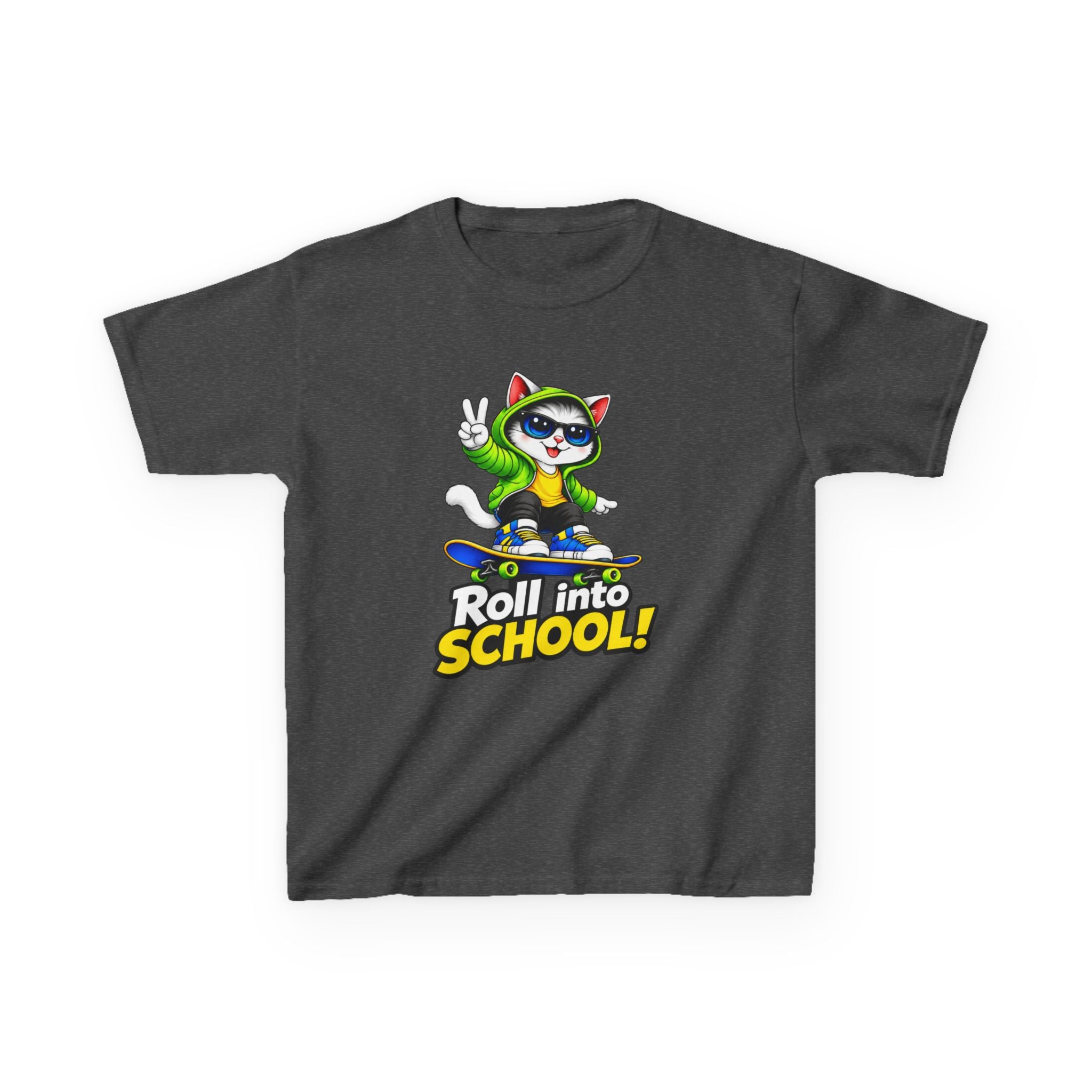 Kids T‑Shirt — 'Roll into School!' Skateboard Cat Back-to-School Tee