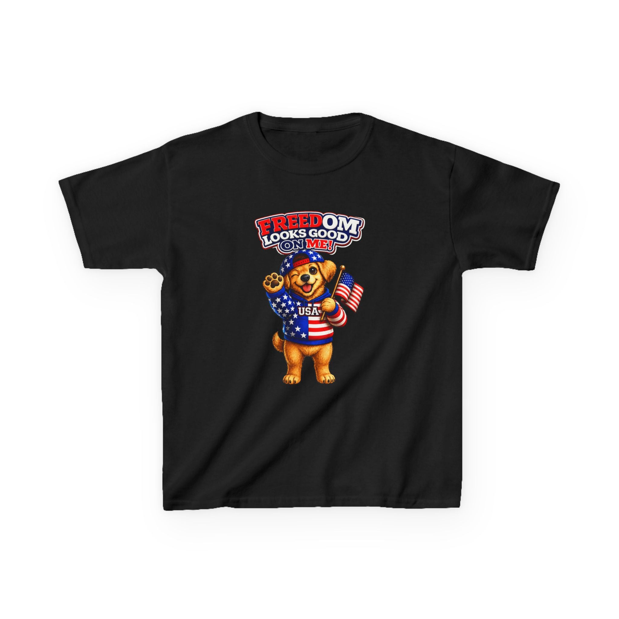 Kids Patriotic T-Shirt — 'Freedom Looks Good on Me' USA Dog Graphic Tee