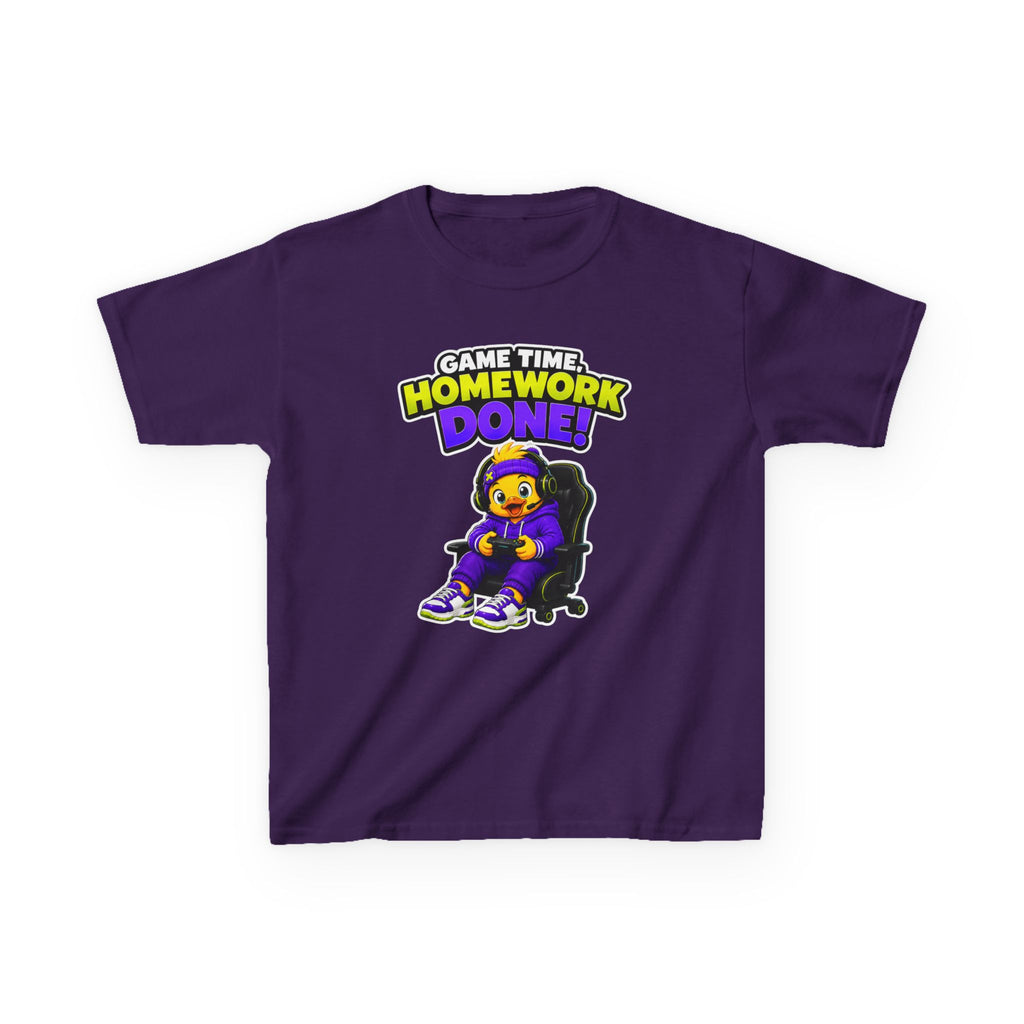 Kids Gamer T-Shirt — 'Game Time, Homework Done!' Gamer Cartoon Graphic Tee