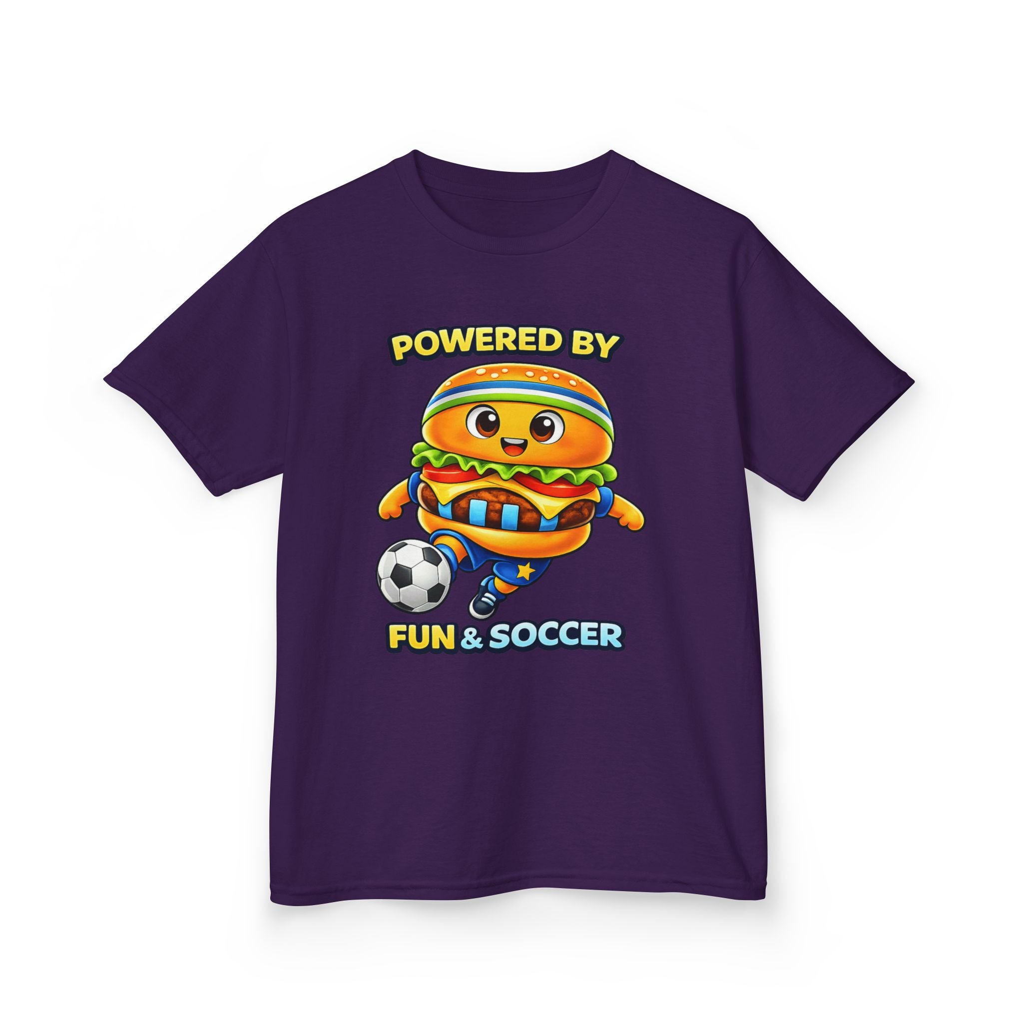 Kids Soccer T-Shirt — 'Powered by Fun & Soccer' Burger Graphic Tee