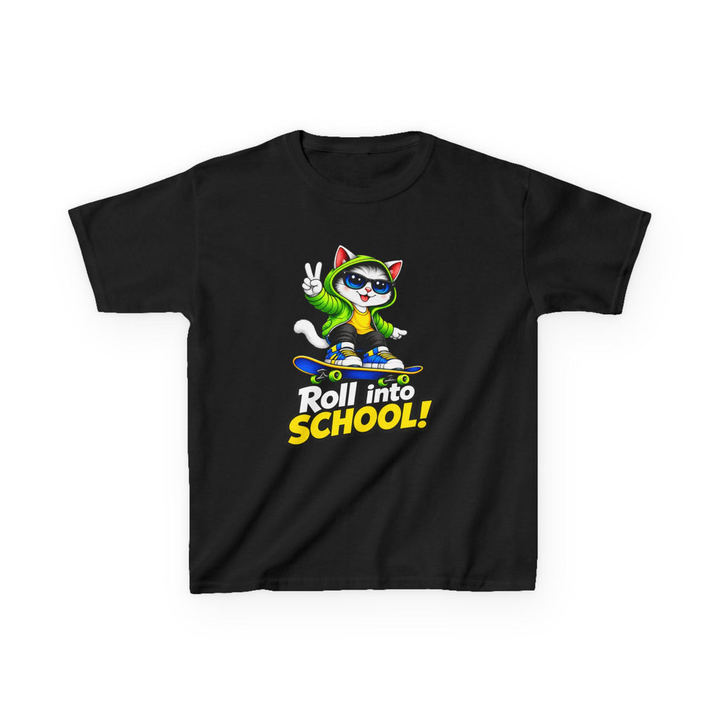 Kids T‑Shirt — 'Roll into School!' Skateboard Cat Back-to-School Tee
