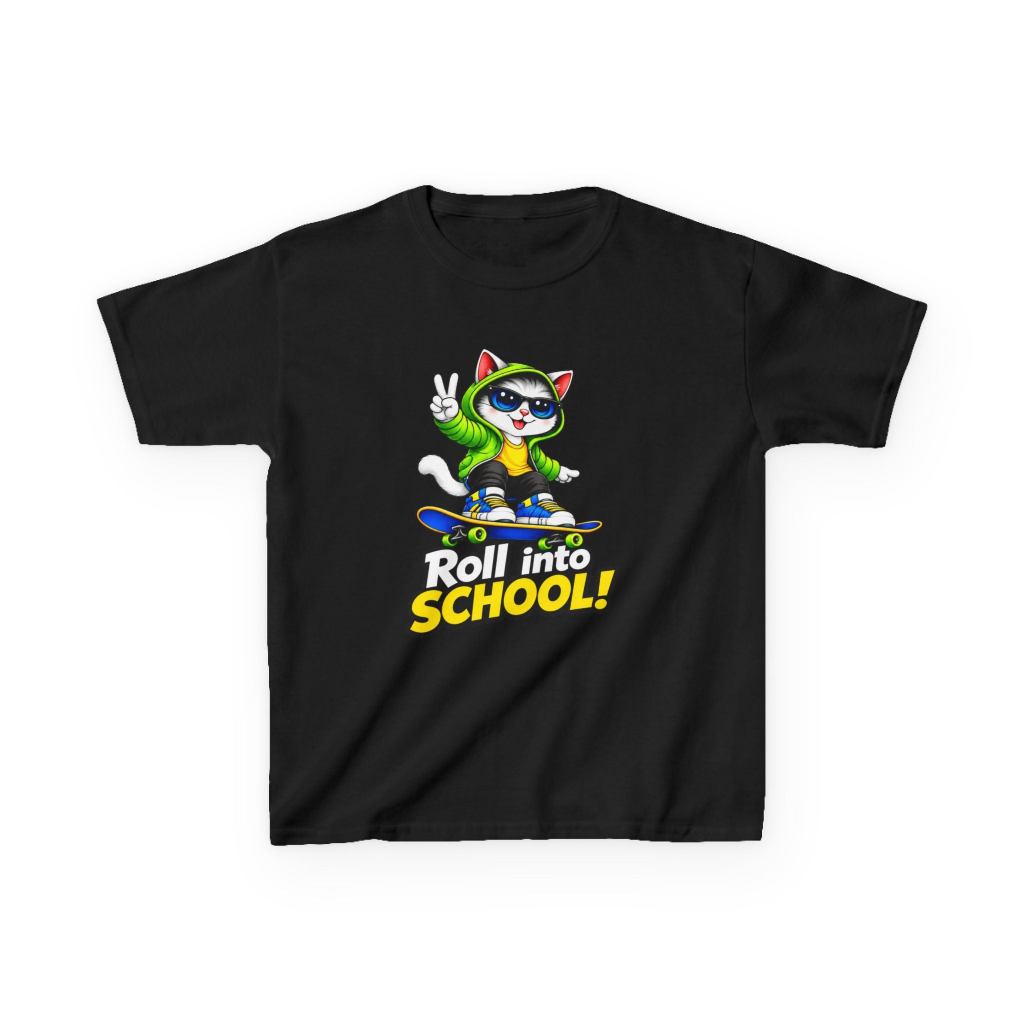 Kids T‑Shirt — 'Roll into School!' Skateboard Cat Back-to-School Tee